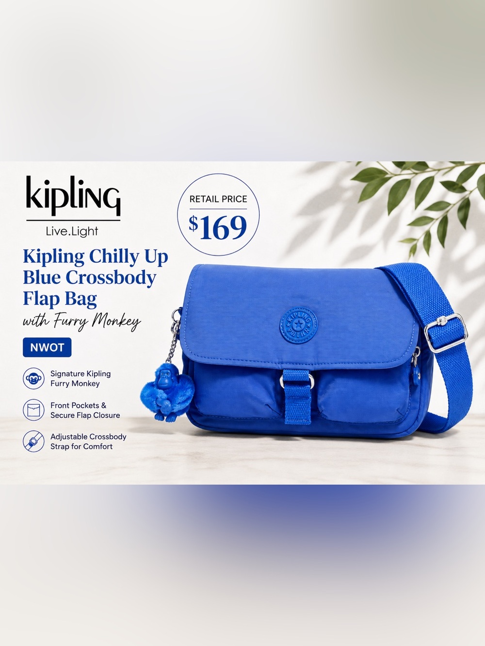 Kipling Chilly Up Blue Crossbody Flap
Bag with Furry Monkey NWOT